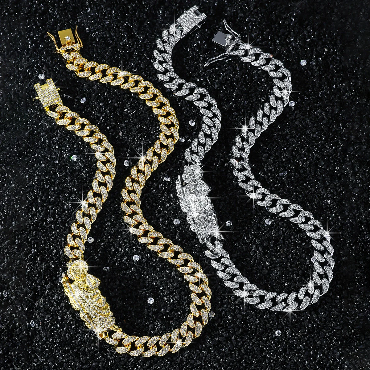 Men's Alloy Cuban Chain Necklace With Diamond And Death Figure Hiphop Style Geometric Design - Image 2