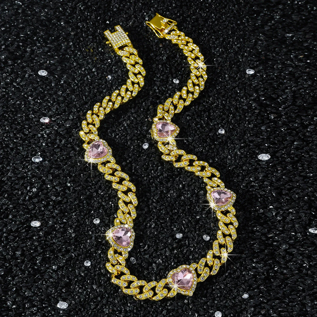 Men's Alloy Diamond Geometric Heart Stitching Cuban Chain Hip Hop Necklace - Image 4