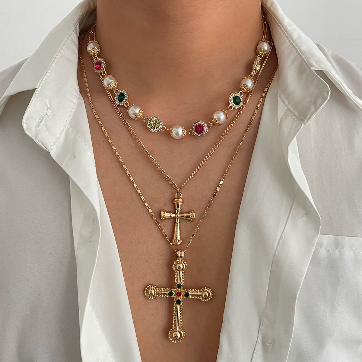 Men's Alloy Geometric Cross Handmade Diamond Pearl Clavicle Chain Jewelry