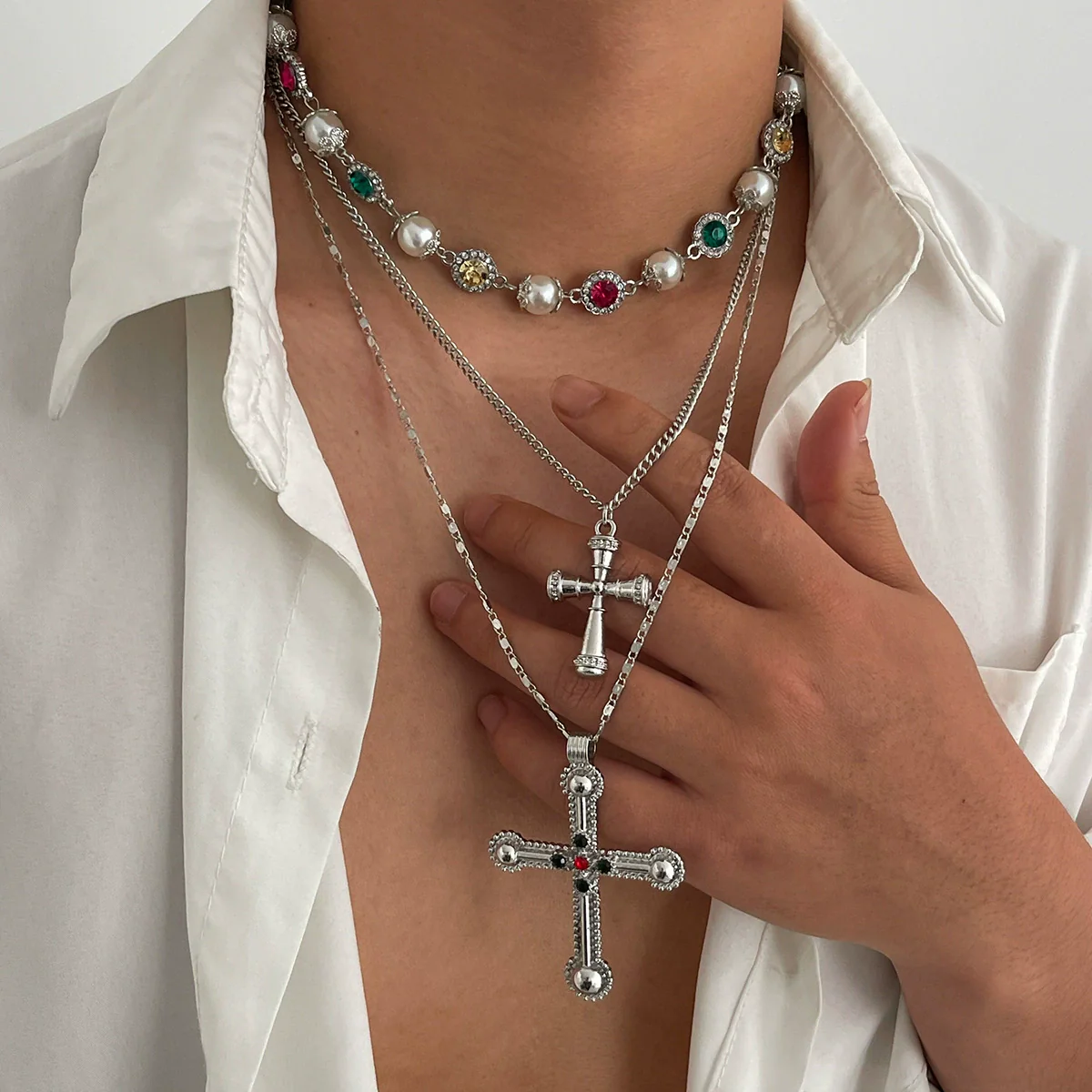 Men's Alloy Geometric Cross Handmade Diamond Pearl Clavicle Chain Jewelry - Image 3