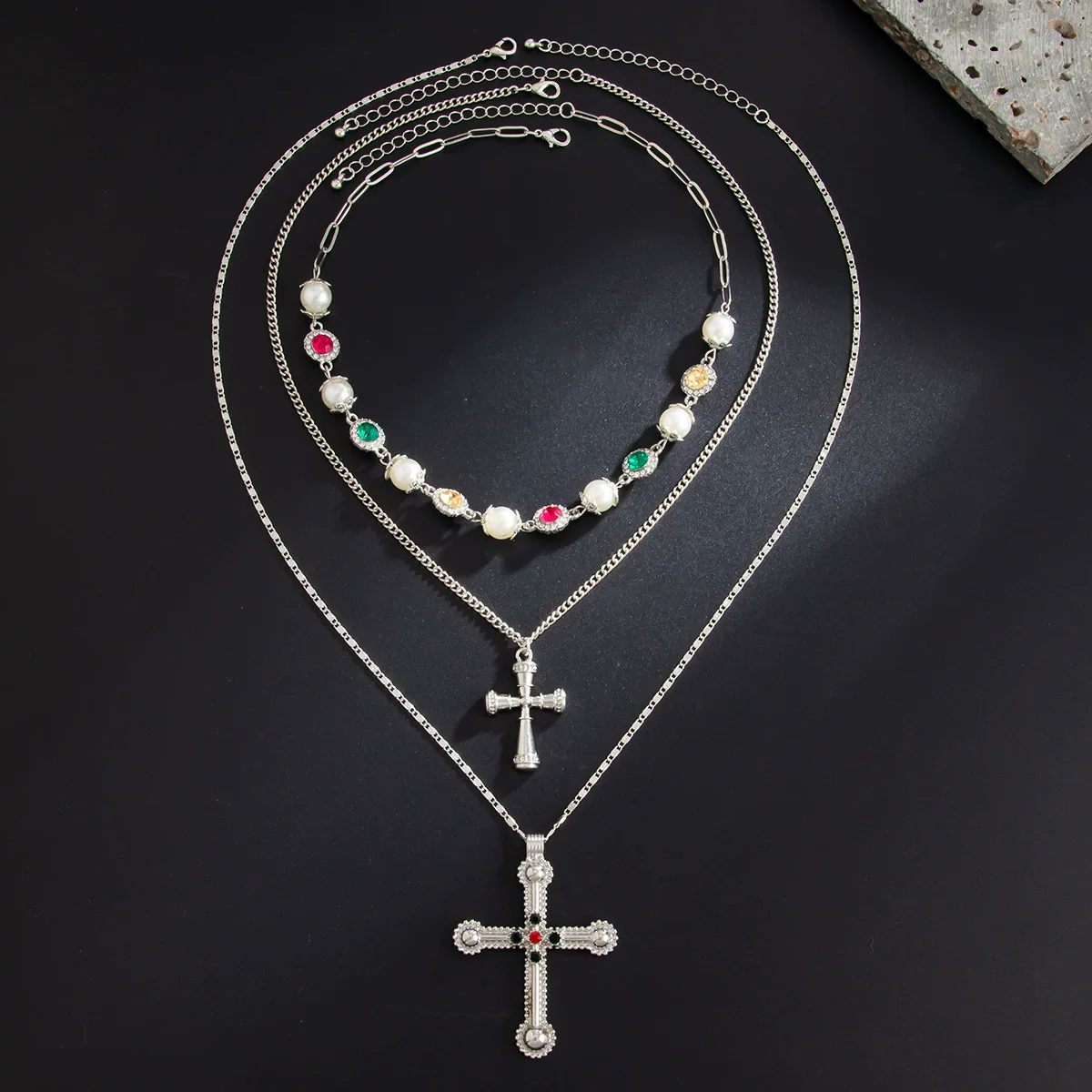 Men's Alloy Geometric Cross Handmade Diamond Pearl Clavicle Chain Jewelry - Image 7