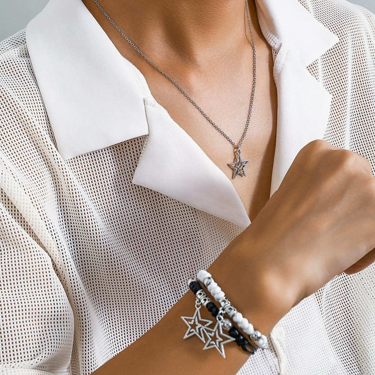 Men's Alloy Geometric Fivepointed Star Handmade Jewelry Necklace And Bracelet Set