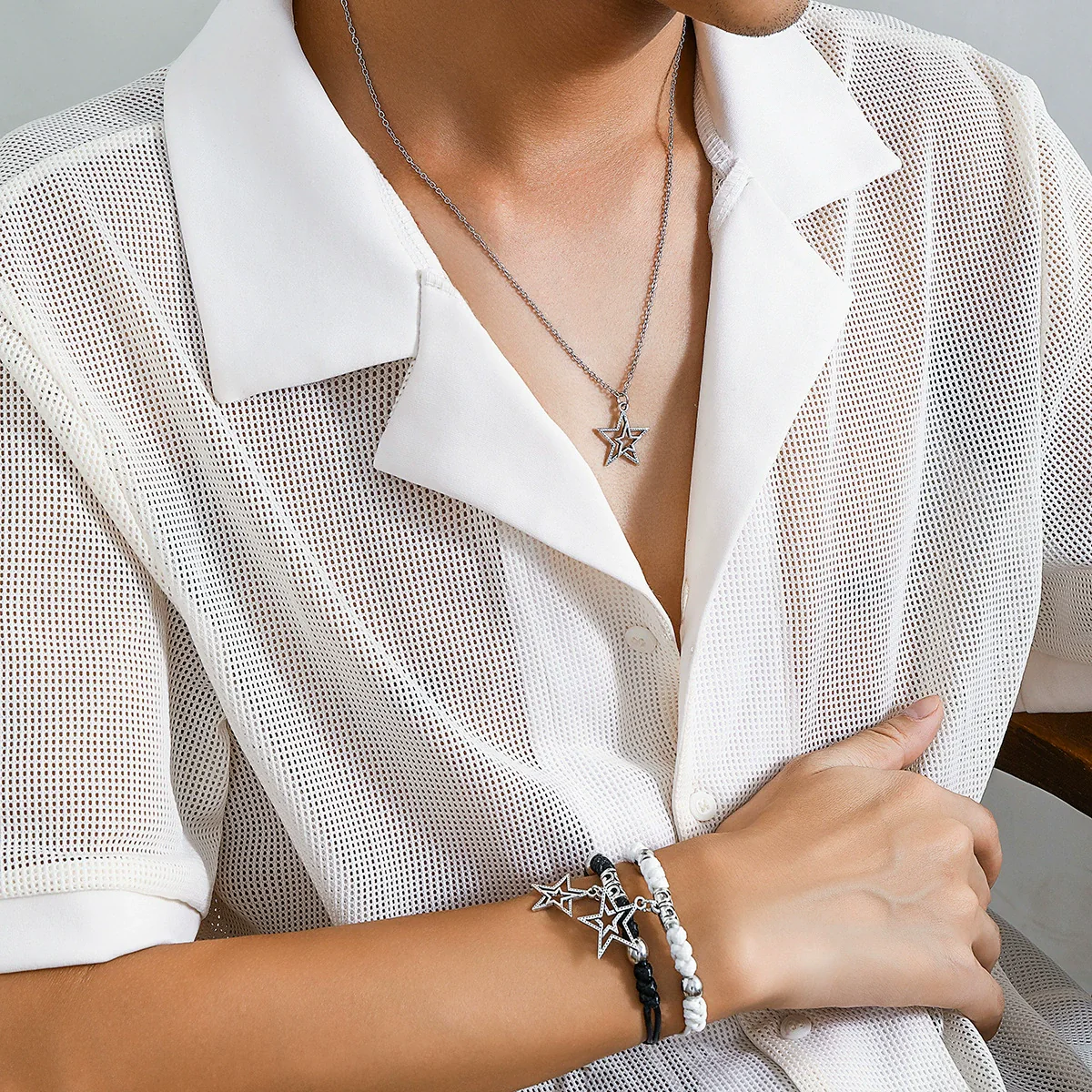 Men's Alloy Geometric Fivepointed Star Handmade Jewelry Necklace And Bracelet Set - Image 3