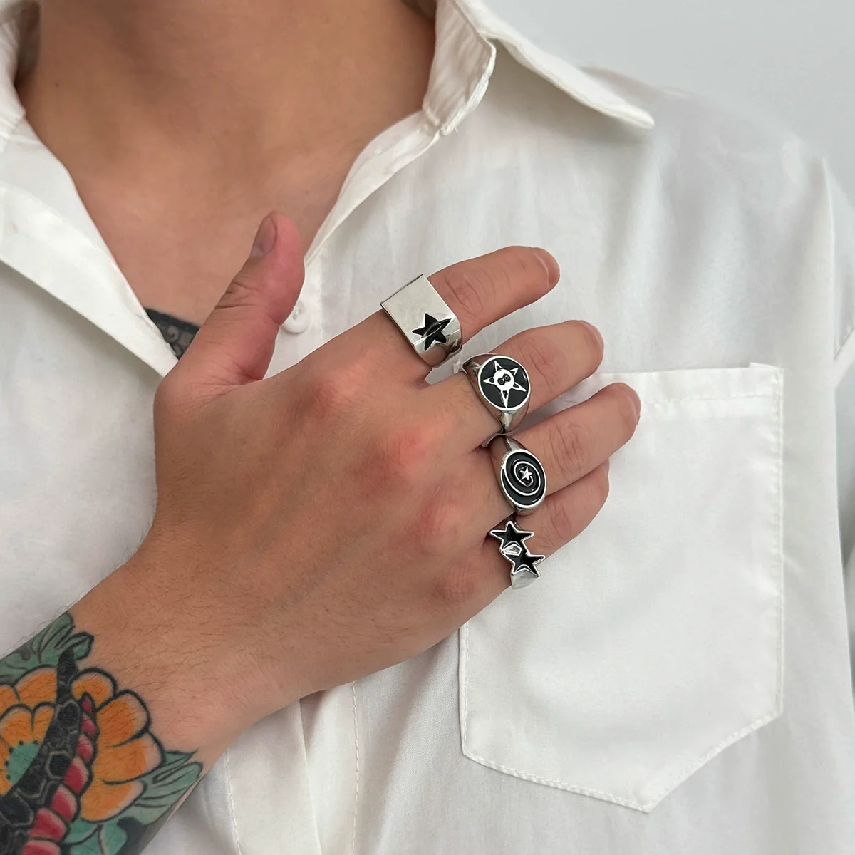 Men's Alloy Geometric Fivepointed Star Hiphop Ring Set Electroplated