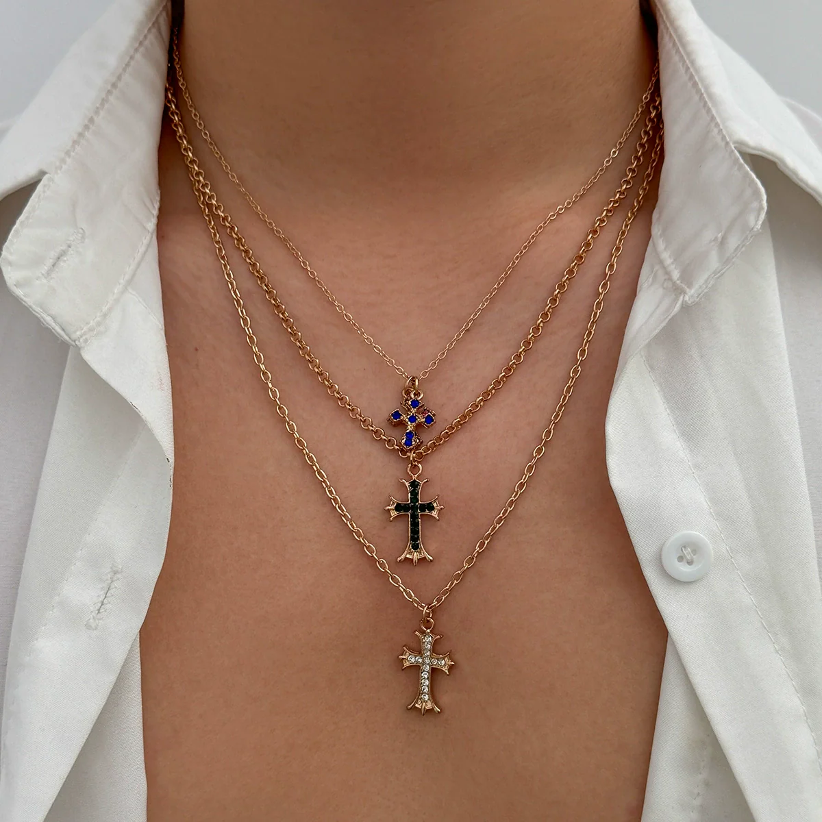 Men's Alloy Geometric Handmade Cross Hiphop Niche Stacked Clavicle Chain Jewelry