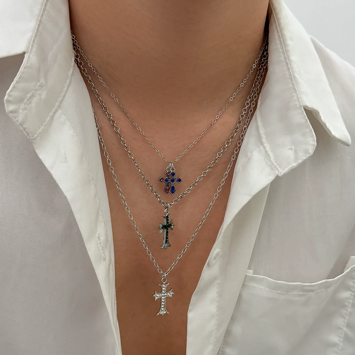 Men's Alloy Geometric Handmade Cross Hiphop Niche Stacked Clavicle Chain Jewelry - Image 3
