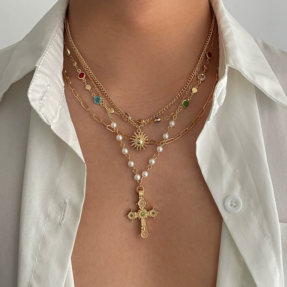 Men's Alloy Geometric Handmade Hiphop Fashion Sun Pendant Clavicle Chain Necklace Jewelry