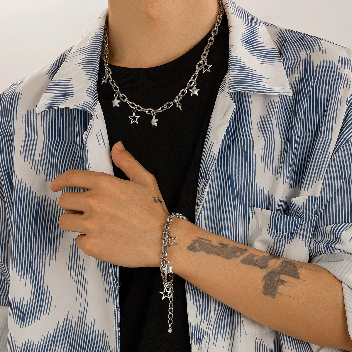 Men's Alloy Handmade Geometric Fivepointed Star Necklace And Bracelet Jewelry - Image 3