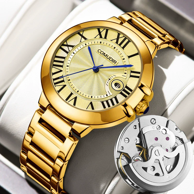 Men's Alloy Hollow Fake Mechanical Business Style Round Dial Luminous Calendar Waterproof Watch With Onion Crown Transparent Bottom And Mineral Reinforced Glass Mirror