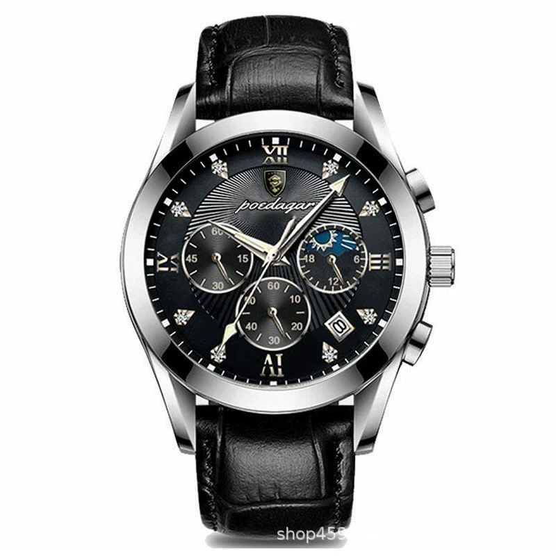 Men's Alloy Leather Quartz Watch With Sapphire Crystal Glass Mirror Round Dial Waterproof Luminous - Image 4