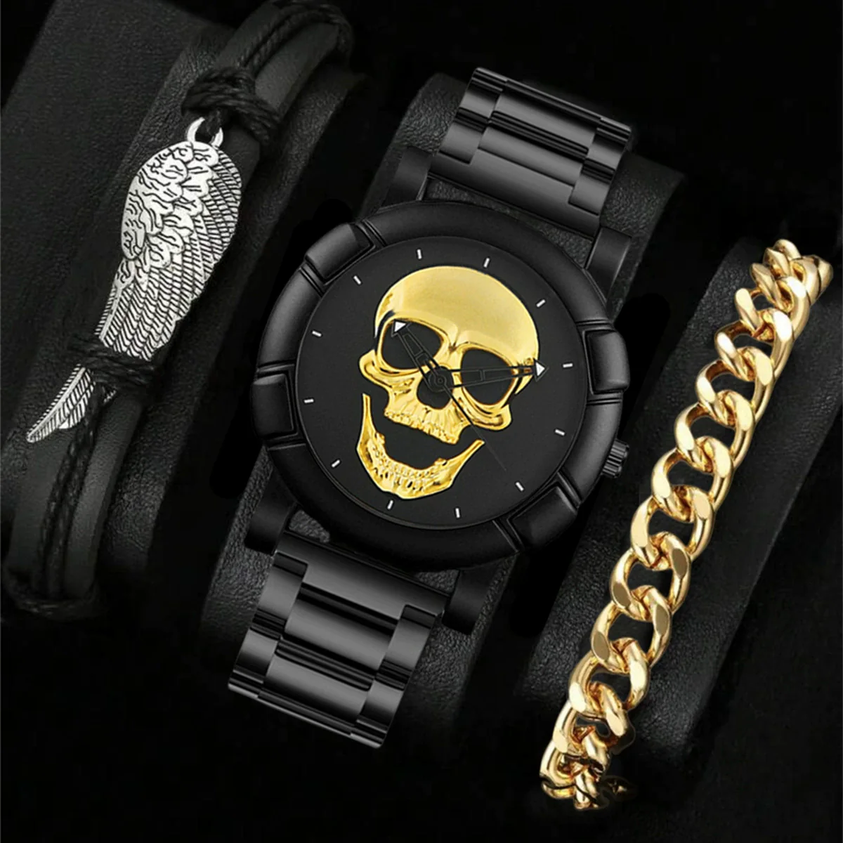 Men's Alloy Pu Strap Round Dial Skull Head Business Style Wrist Watch