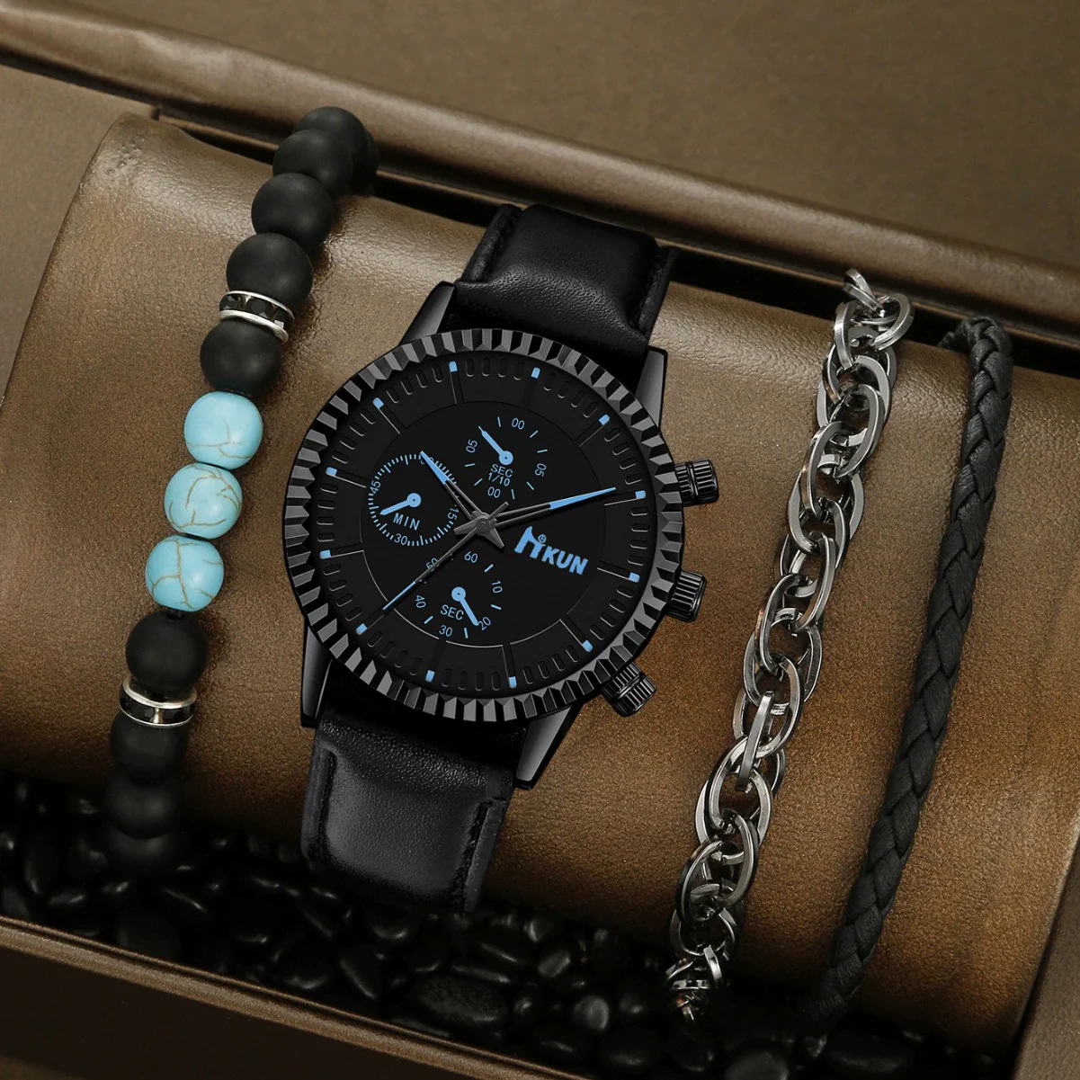 Men's Alloy Sports Watch With Round Dial Beaded Woven Bracelet And Stainless Steel Clasp - Image 3