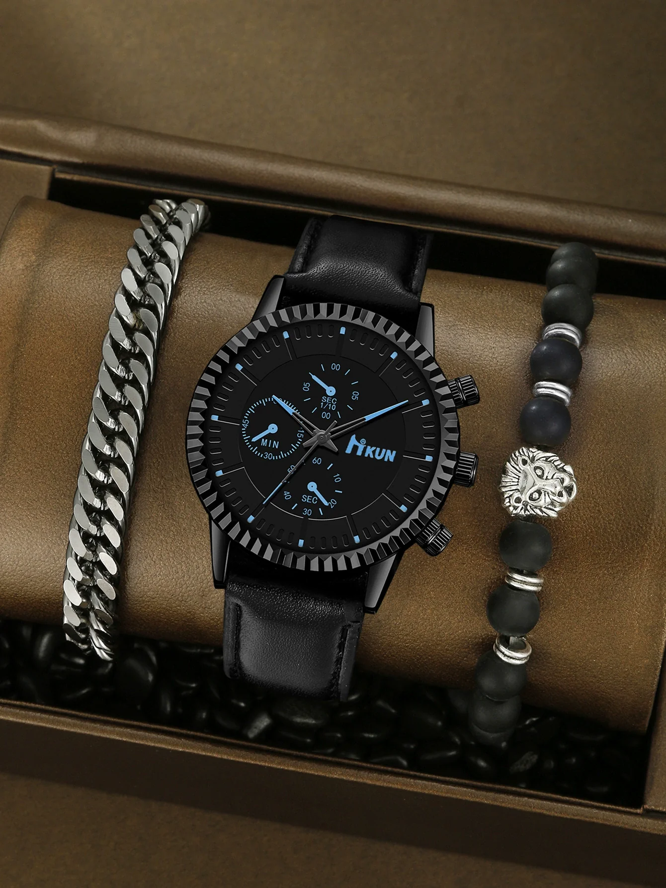 Men's Alloy Sports Watch With Round Dial Beaded Woven Bracelet And Stainless Steel Clasp - Image 7