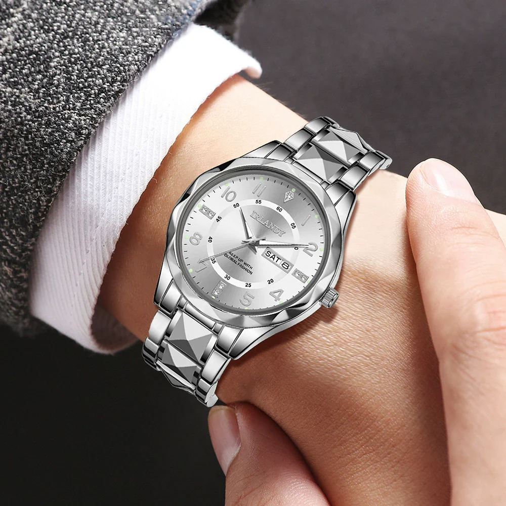 Men's Alloy Strap Quartz Watch With Rhombus Shape Digital Dial Rhinestone Calendar And Rose Gold Pin Buckle - Image 12