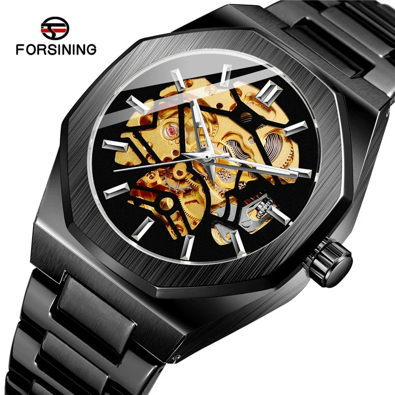 Men's Automatic Flywheel Mechanical Watch Metal Case Stainless Steel Strap And Buckle Round Dial Hollow Literal Polygon Design Leisure Style - Image 3