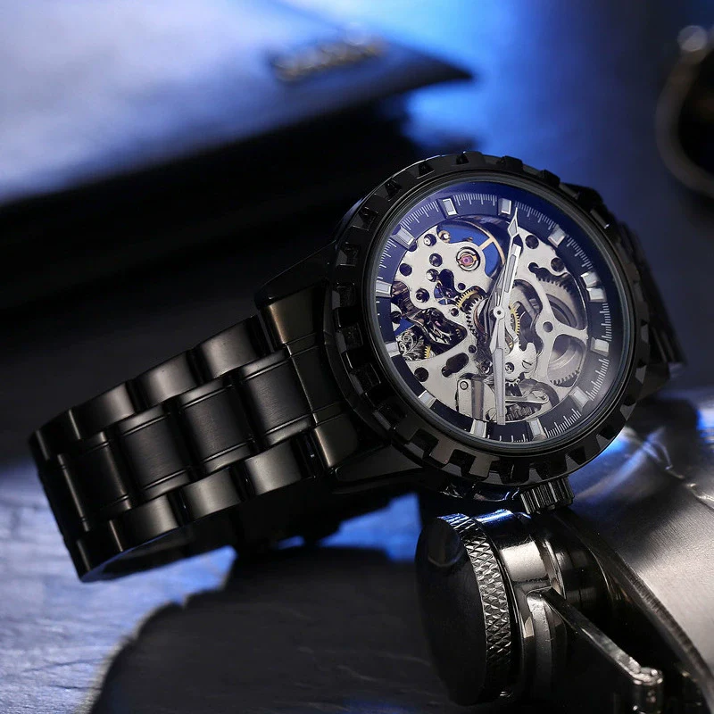 Men's Automatic Mechanical Alloy Watch With Hollow Luminous Waterproof Fashion Style And Round Dial
