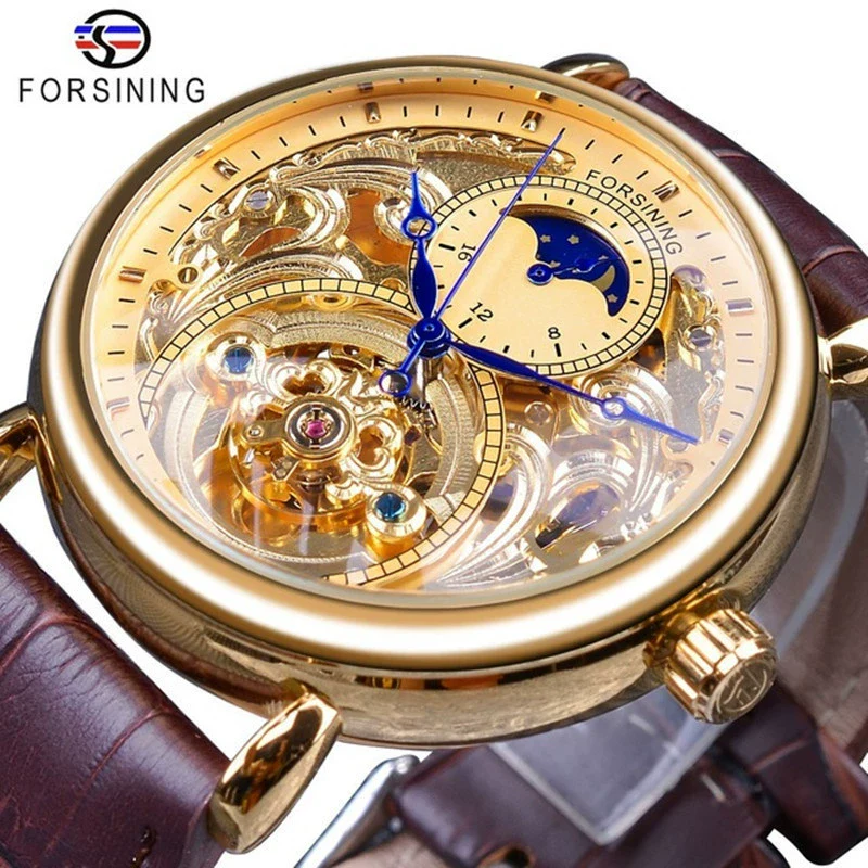 Men's Automatic Mechanical Watch Alloy Case Genuine Leather Strap Stainless Steel Clasp Round Dial Cut Out Transparent Bottom Leisure Style - Image 2