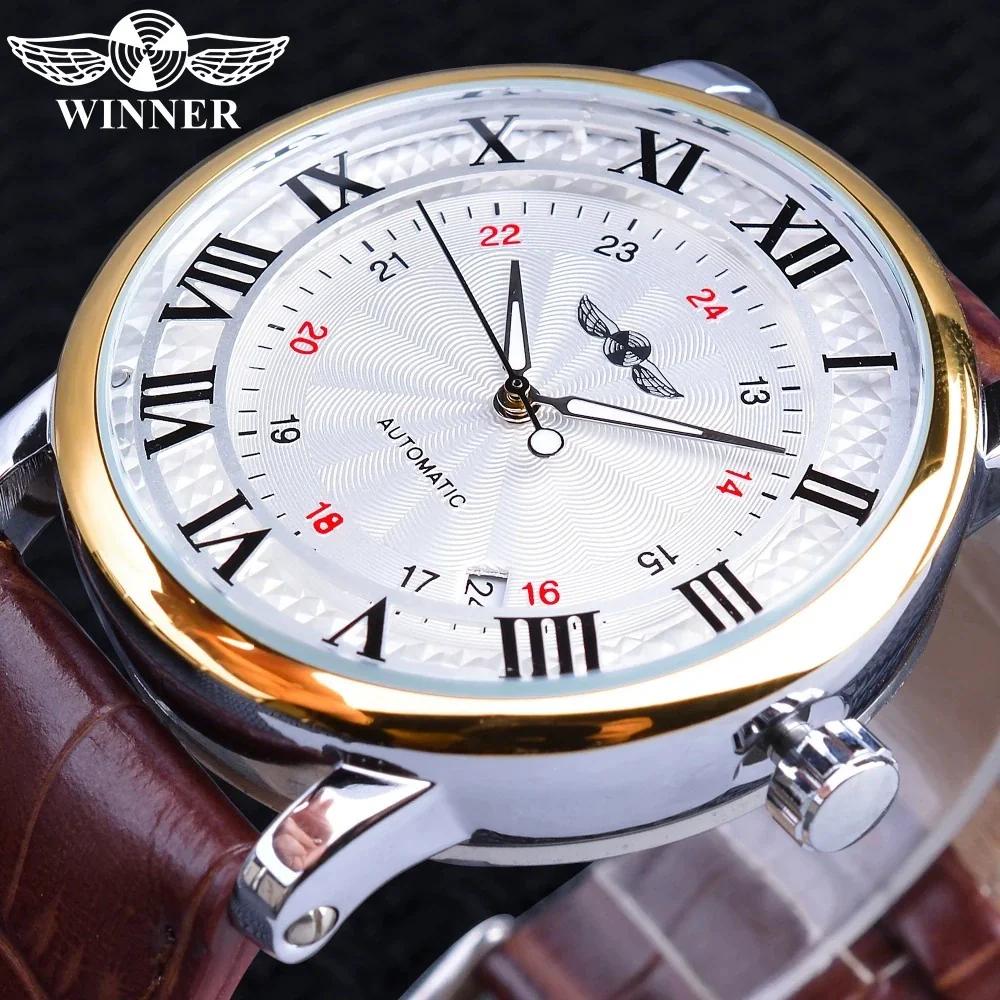 Men's Automatic Mechanical Watch Alloy Case Imitation Leather Strap Round Dial Roman Numerals Business Style