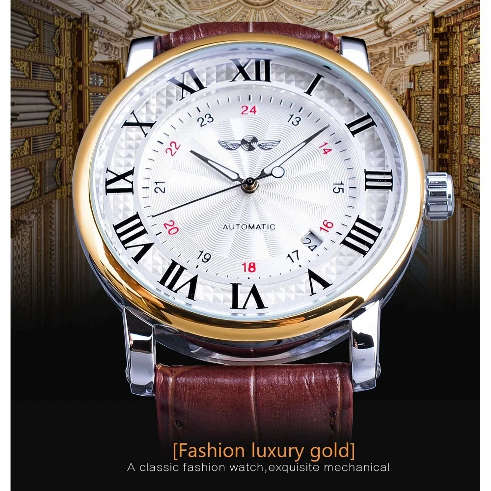 Men's Automatic Mechanical Watch Alloy Case Imitation Leather Strap Round Dial Roman Numerals Business Style - Image 2