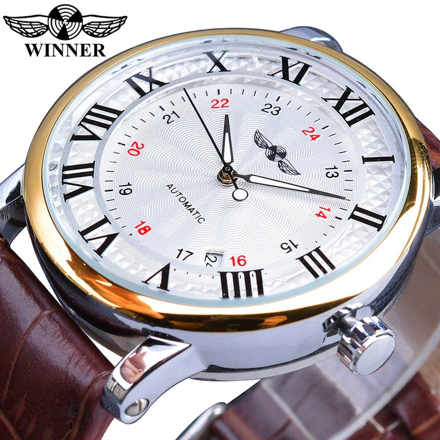 Men's Automatic Mechanical Watch Alloy Case Imitation Leather Strap Round Dial Roman Numerals Business Style - Image 6