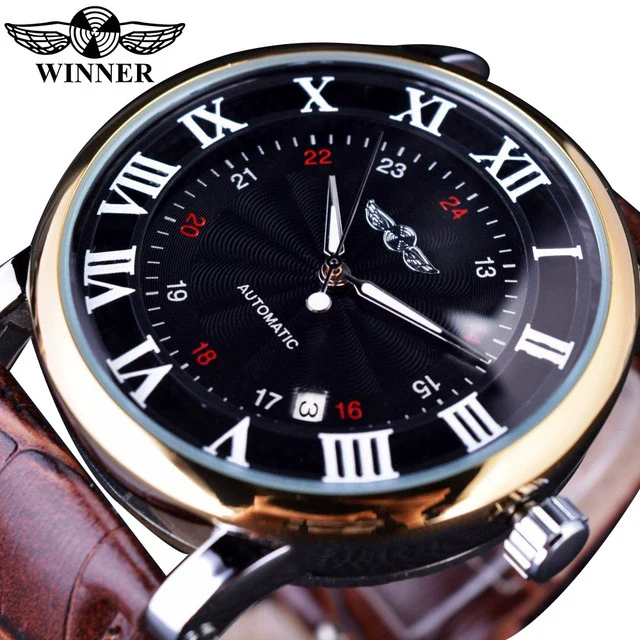 Men's Automatic Mechanical Watch Alloy Case Imitation Leather Strap Round Dial Roman Numerals Business Style - Image 7