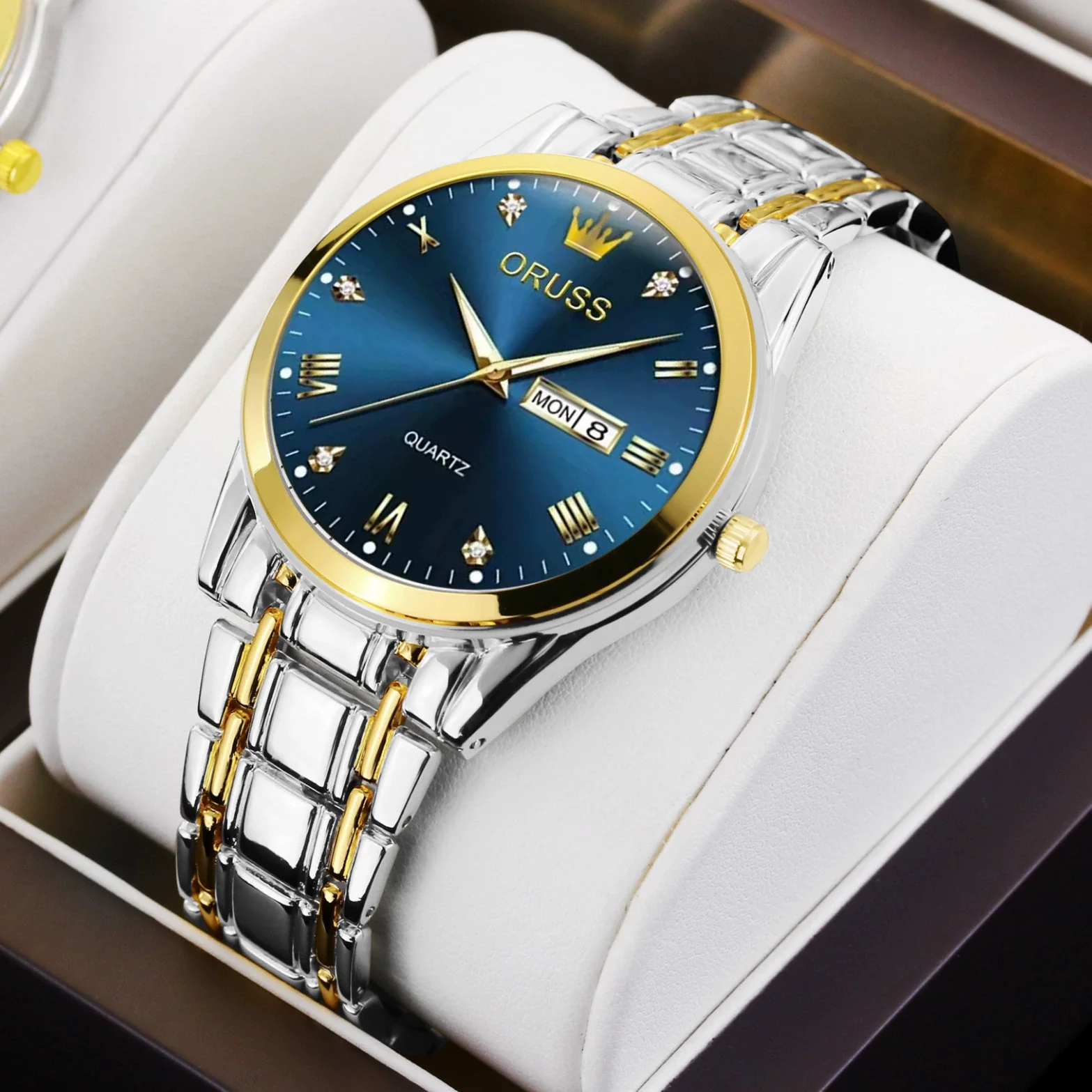 Men's Automatic Quartz Business Wrist Watch With Luminous Waterproof Calendar Round Dial Alloy Case Steel Strap Coated Glass Mirror - Image 4