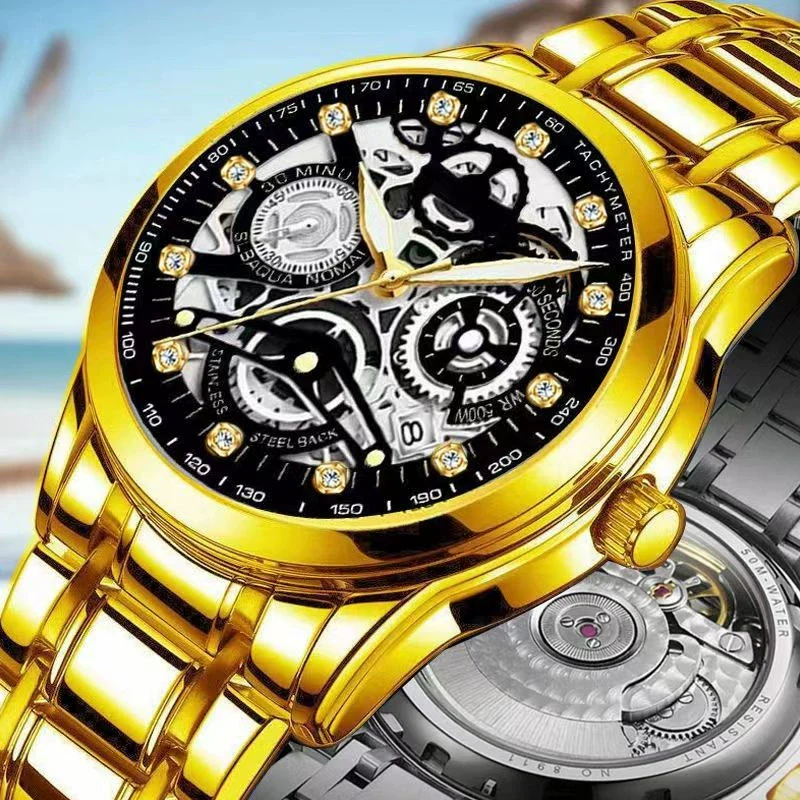 Men's Automatic Waterproof Luminous Hollow Fashion Fake Mechanical Watch With Alloy Case And Strap Stainless Steel Buckle Transparent Bottom And Mineral Reinforced Glass Mirror - Image 4
