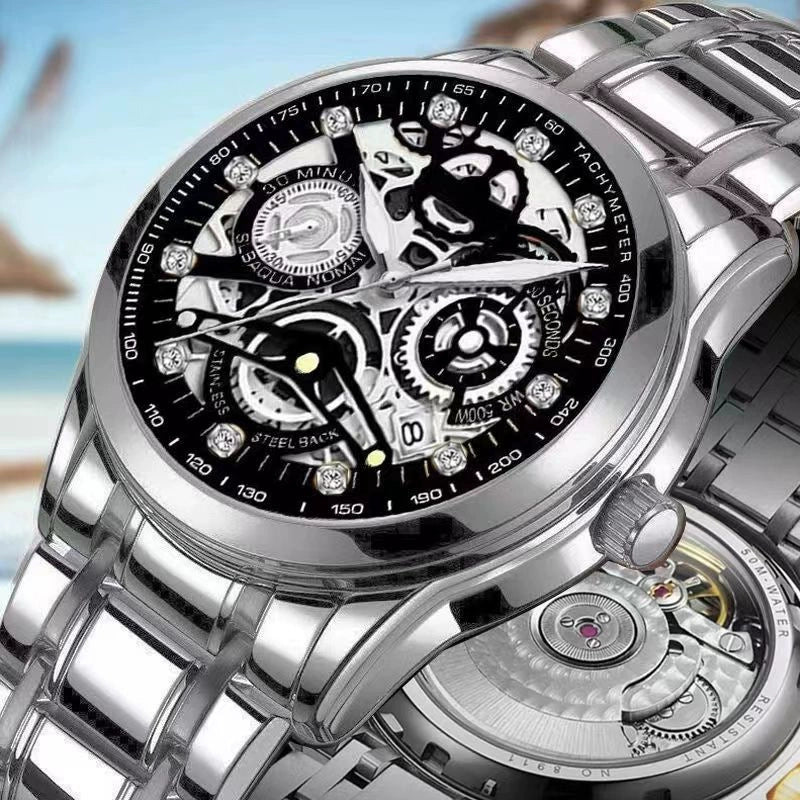 Men's Automatic Waterproof Luminous Hollow Fashion Fake Mechanical Watch With Alloy Case And Strap Stainless Steel Buckle Transparent Bottom And Mineral Reinforced Glass Mirror - Image 7