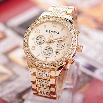Men's Business Alloy Stainless Steel Round Dial Diamondencrusted Calendar Watch