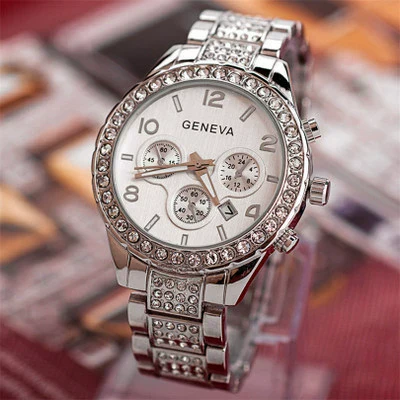 Men's Business Alloy Stainless Steel Round Dial Diamondencrusted Calendar Watch - Image 8