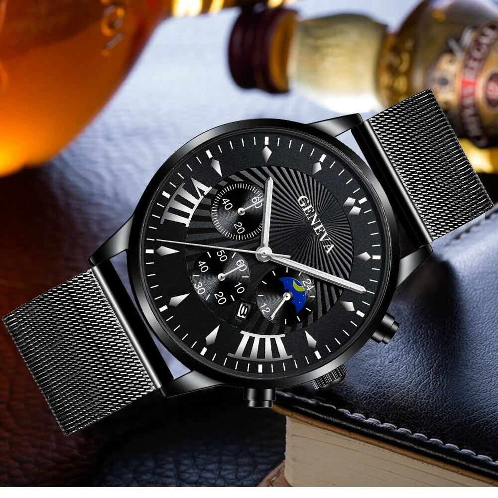 Men's Business Mesh Belt Watch Alloy Case Stainless Steel Strap Round Dial Quartz Watch - Image 4