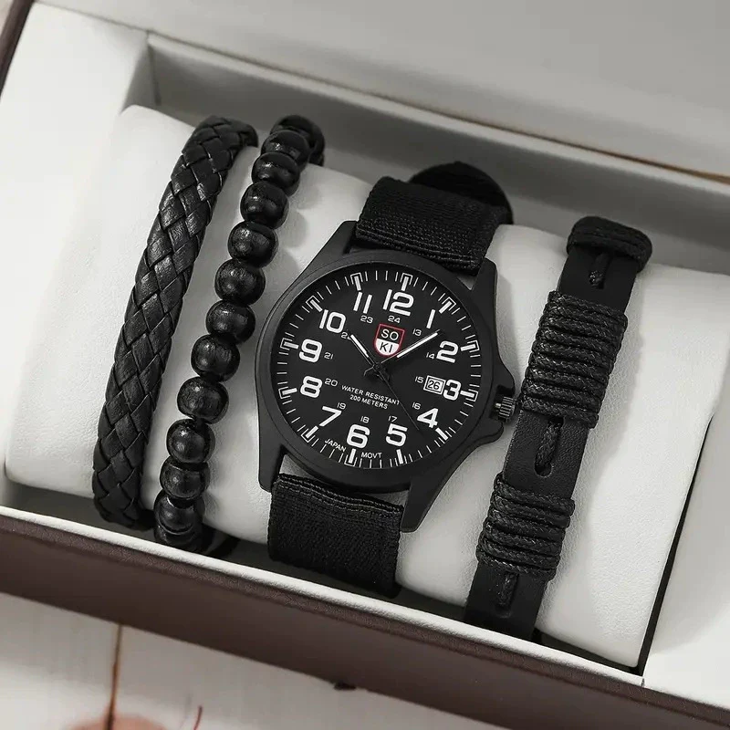Men's Business Quartz Watch And Allmatch Beaded Bracelet Set Alloy Case Imitation Leather Strap Stainless Steel Clasp Round Dial Mineral Strengthened Mirror