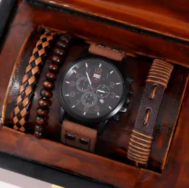 Men's Business Quartz Watch And Allmatch Beaded Bracelet Set Alloy Case Imitation Leather Strap Stainless Steel Clasp Round Dial Mineral Strengthened Mirror - Image 7