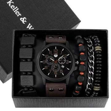 Men's Business Quartz Watch And Allmatch Beaded Bracelet Set Alloy Case Imitation Leather Strap Stainless Steel Clasp Round Dial Mineral Strengthened Mirror - Image 9