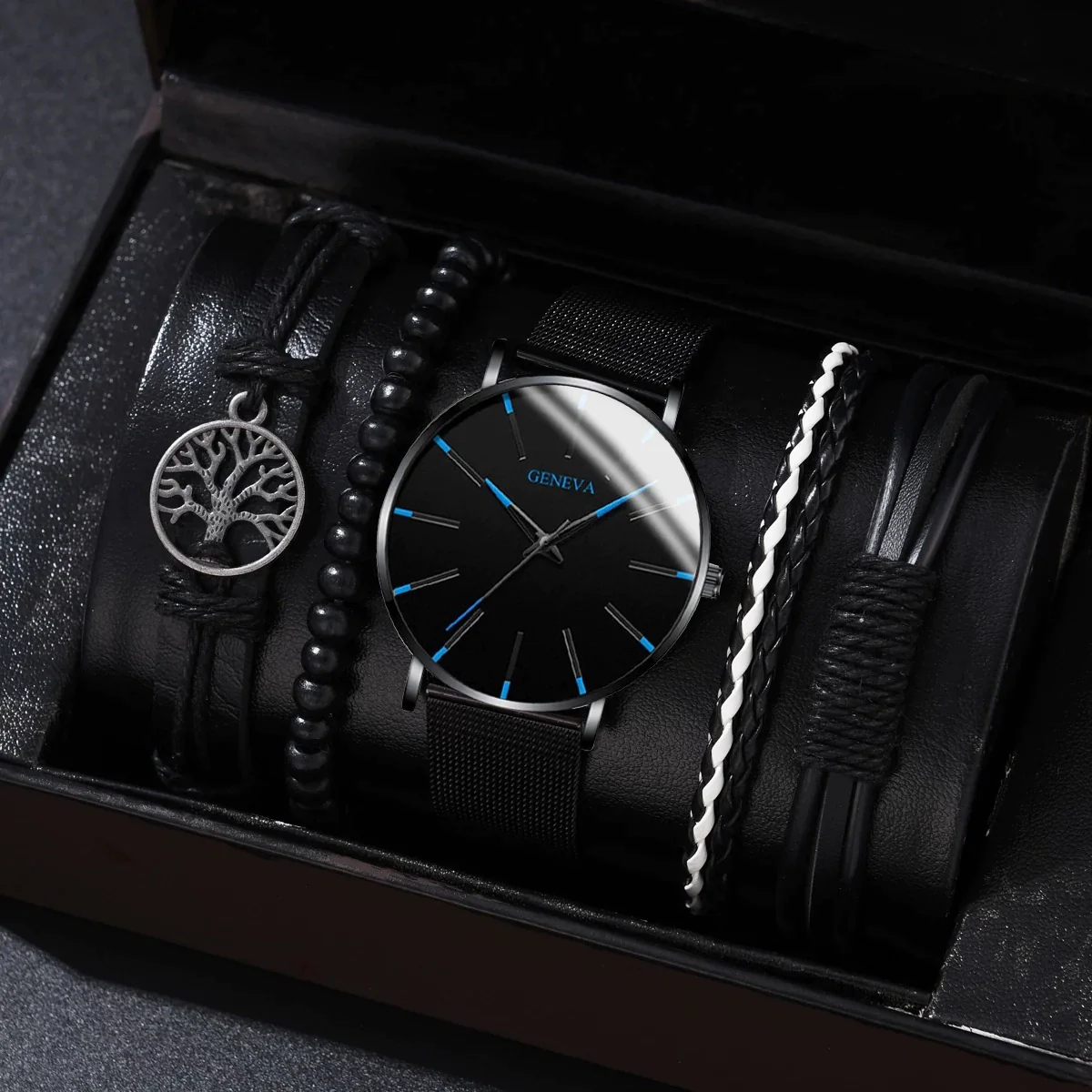 Men's Business Quartz Watch And Bracelet Set Alloy Case Imitation Leather Strap Stainless Steel Buckle Round Dial