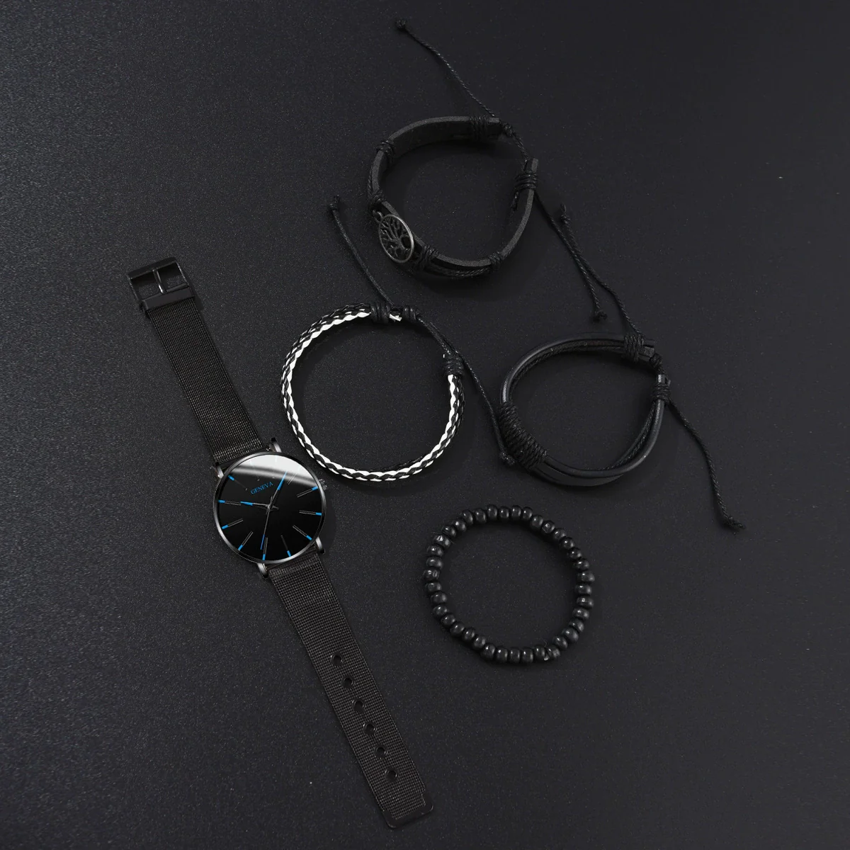 Men's Business Quartz Watch And Bracelet Set Alloy Case Imitation Leather Strap Stainless Steel Buckle Round Dial - Image 4