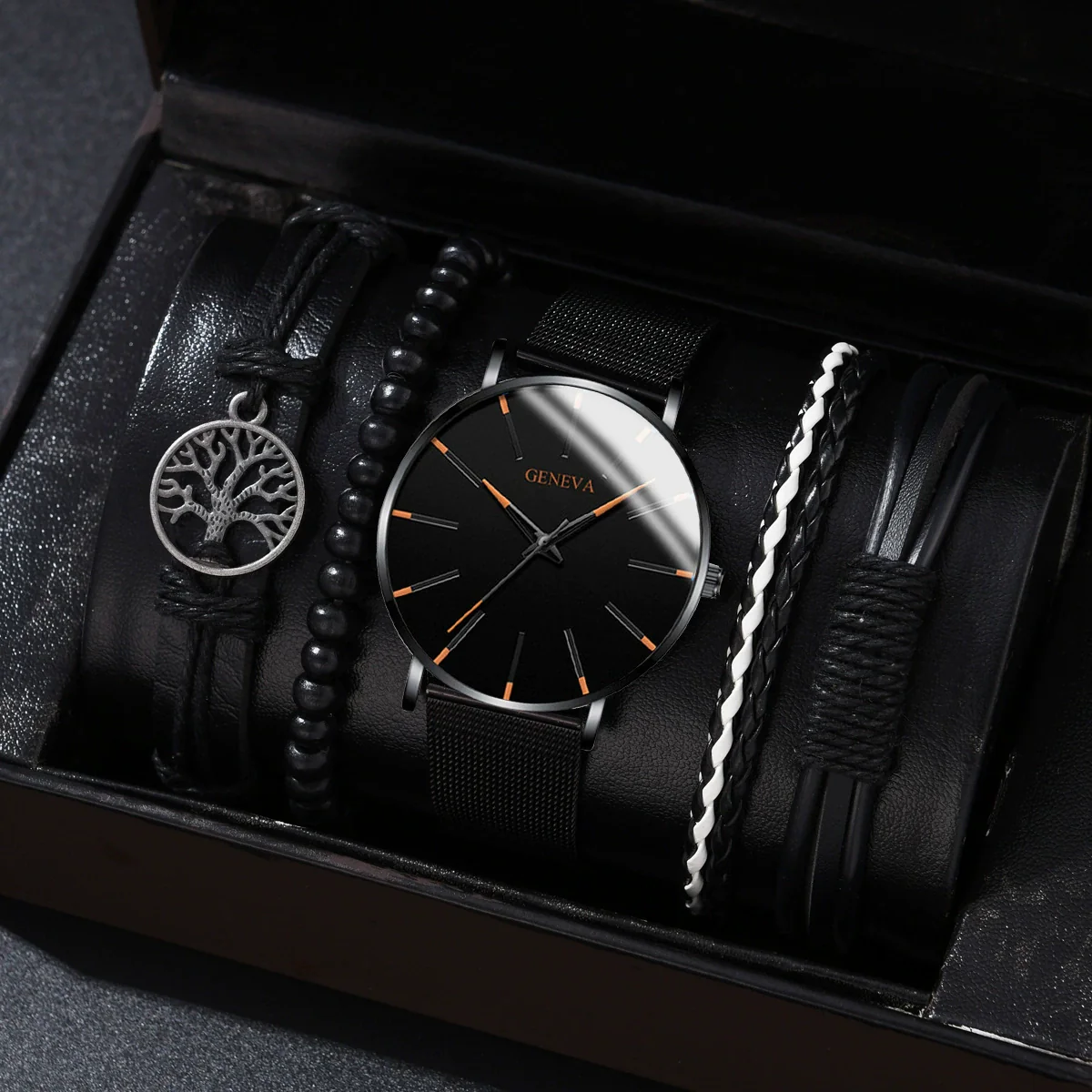 Men's Business Quartz Watch And Bracelet Set Alloy Case Imitation Leather Strap Stainless Steel Buckle Round Dial - Image 7