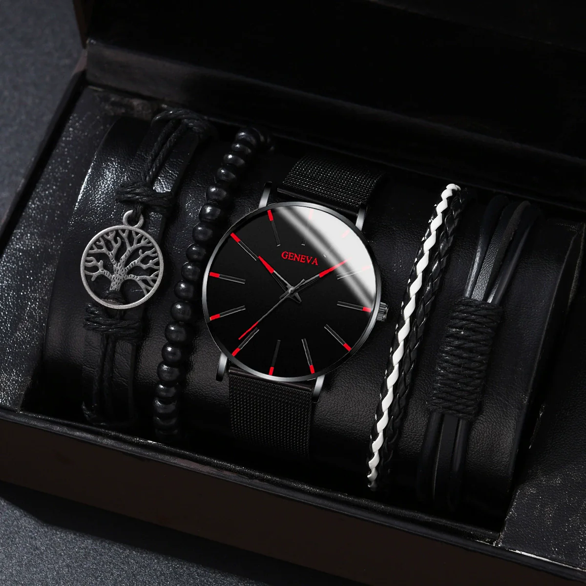 Men's Business Quartz Watch And Bracelet Set Alloy Case Imitation Leather Strap Stainless Steel Buckle Round Dial - Image 8