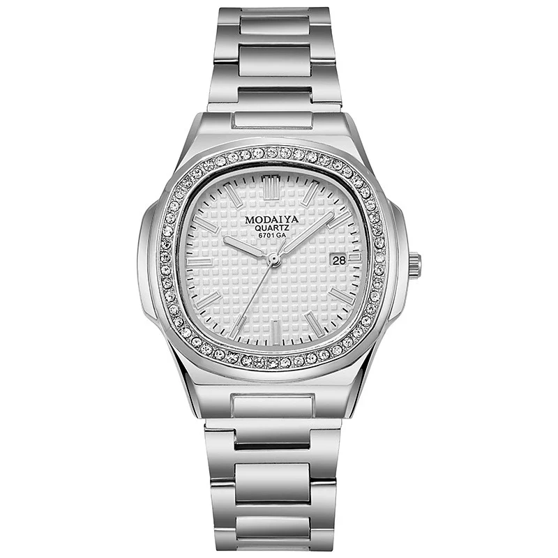 Men's Business Quartz Watch Steel Alloy Square With Diamond Scale Calendar