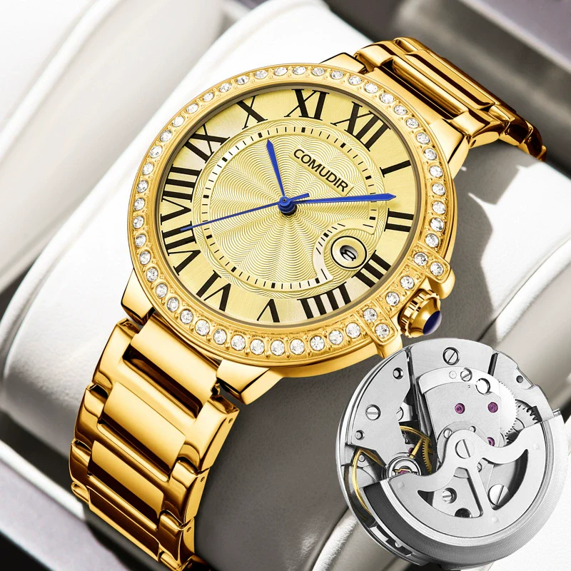 Men's Business Style Alloy Case And Strap Round Dial Luminous Calendar Waterproof Mechanical Watch