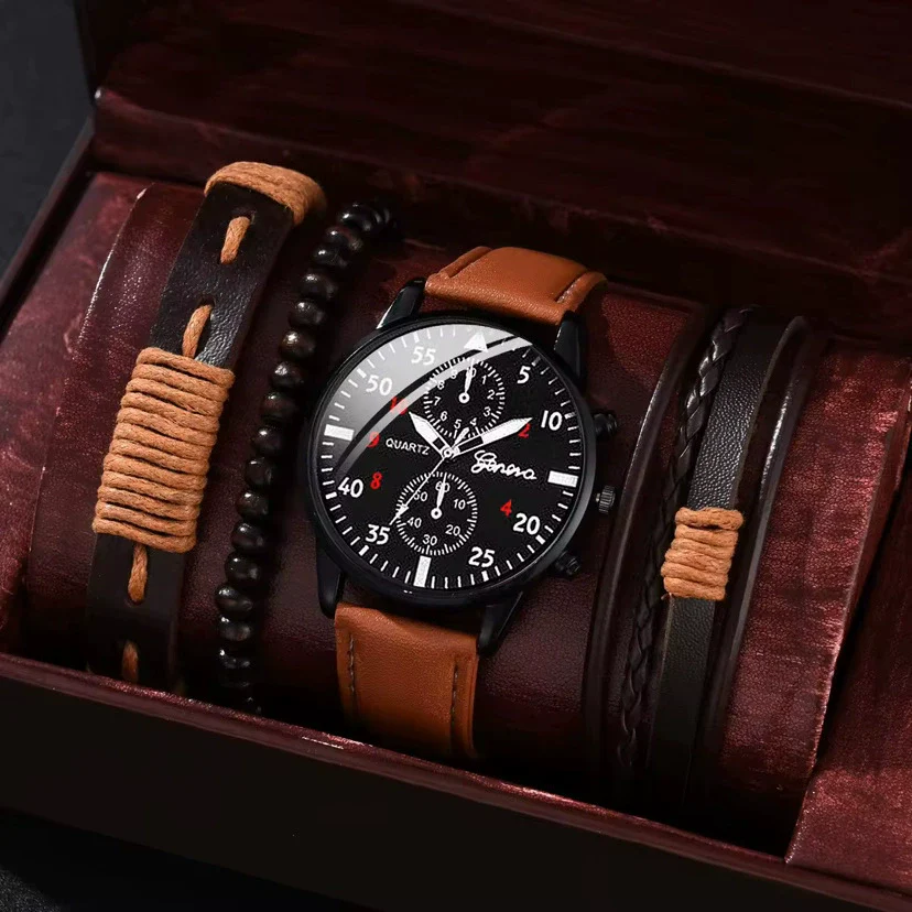 Men's Business Style Alloy Case Mineral Reinforced Glass Mirror Stainless Steel Buckle Imitation Leather Strap Round Dial Quartz Watch - Image 34