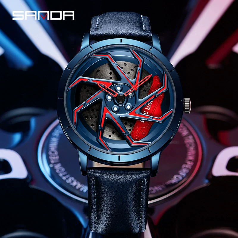 Men's Business Style Alloy Case Steel Band Round Dial Threedimensional Wheel Rotating Waterproof Quartz Watch