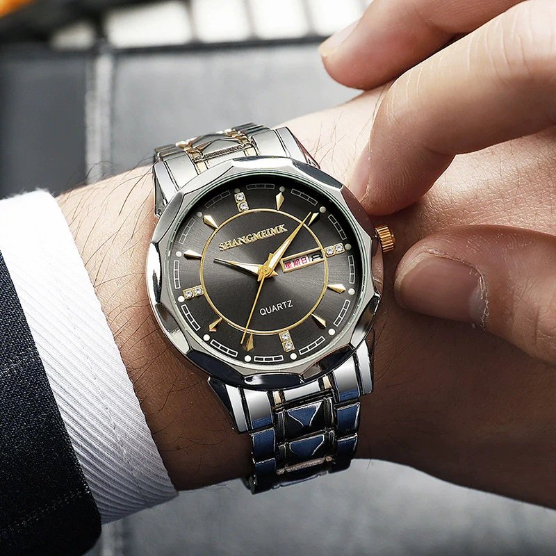 Men's Business Style Luminous Waterproof Double Calendar Quartz Watches Metal Case Stainless Steel Band Round Dial - Image 4