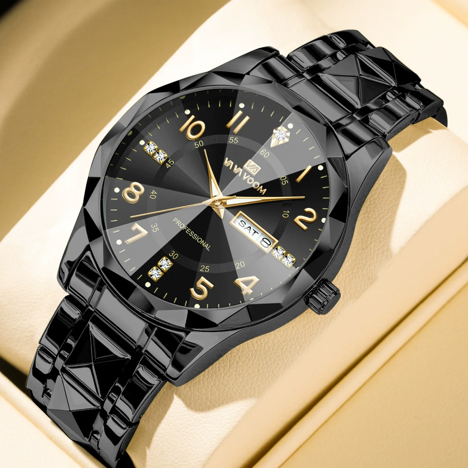 Men's Business Style Metal And Stainless Steel Watch With Round Dial And Cut Diamond Design