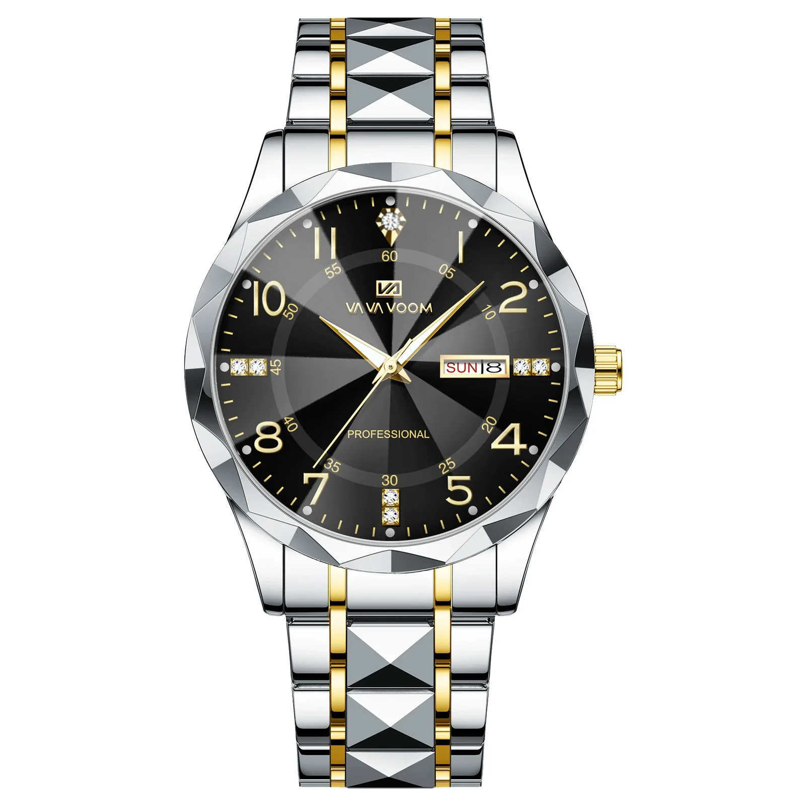 Men's Business Style Metal And Stainless Steel Watch With Round Dial And Cut Diamond Design - Image 10