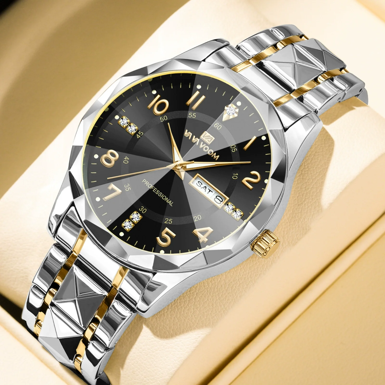 Men's Business Style Metal And Stainless Steel Watch With Round Dial And Cut Diamond Design - Image 2