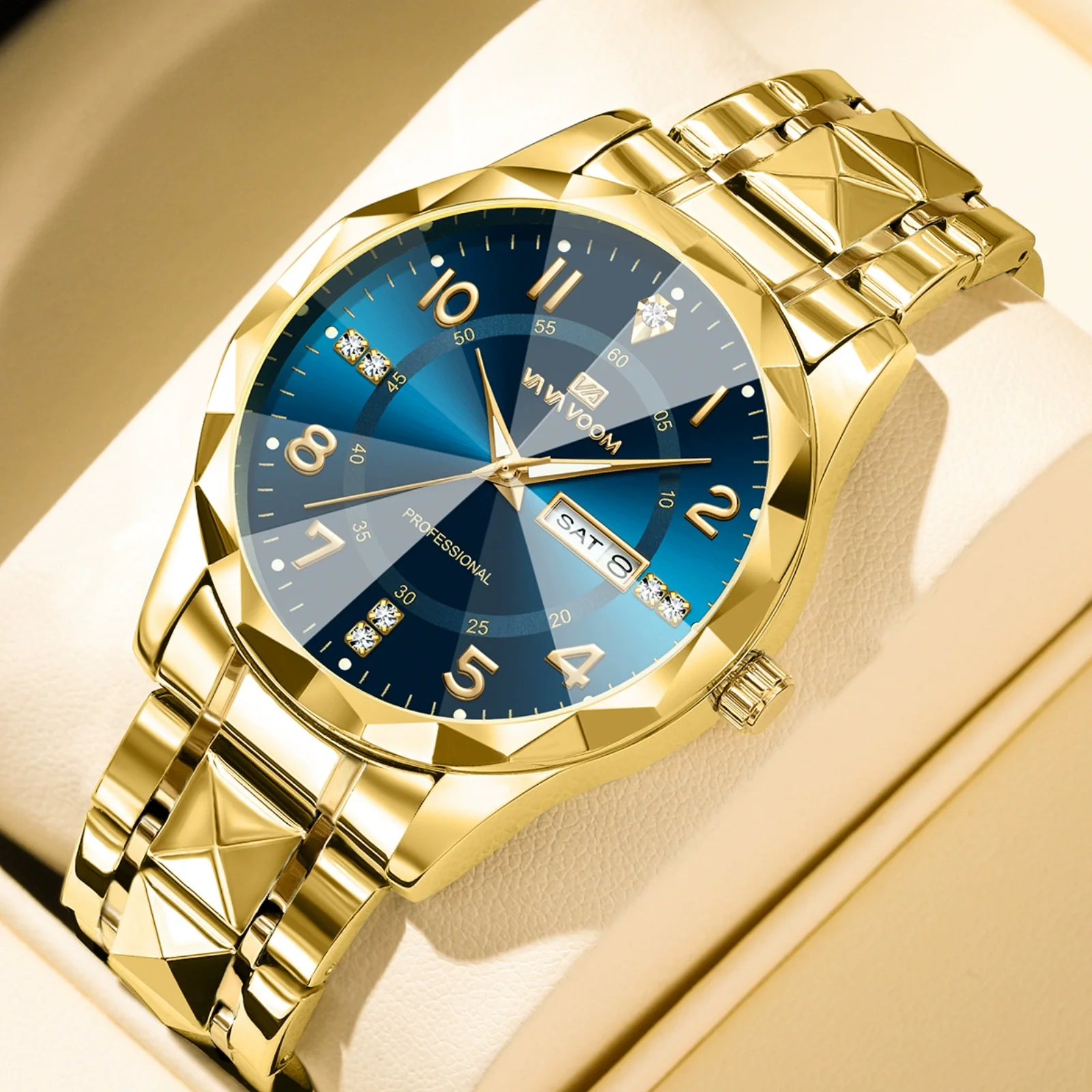 Men's Business Style Metal And Stainless Steel Watch With Round Dial And Cut Diamond Design - Image 4