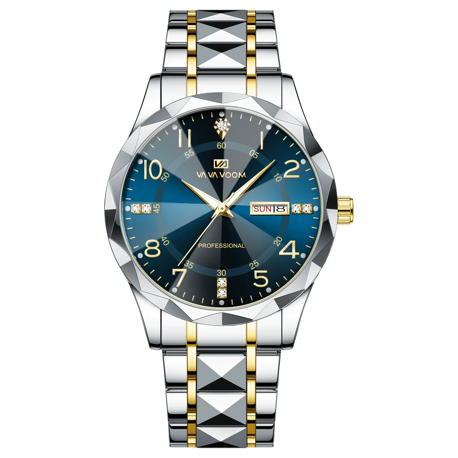 Men's Business Style Metal And Stainless Steel Watch With Round Dial And Cut Diamond Design - Image 6