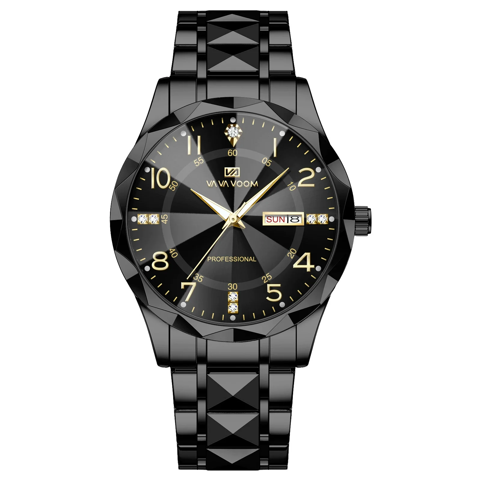 Men's Business Style Metal And Stainless Steel Watch With Round Dial And Cut Diamond Design - Image 7