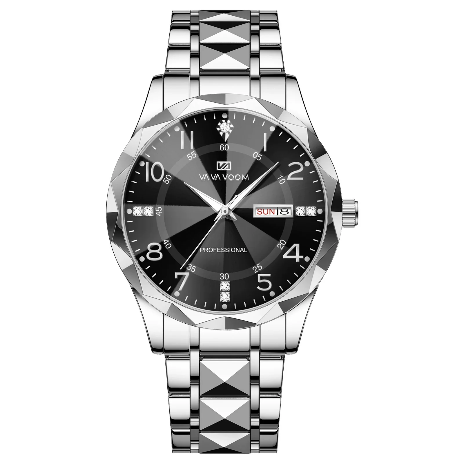 Men's Business Style Metal And Stainless Steel Watch With Round Dial And Cut Diamond Design - Image 8